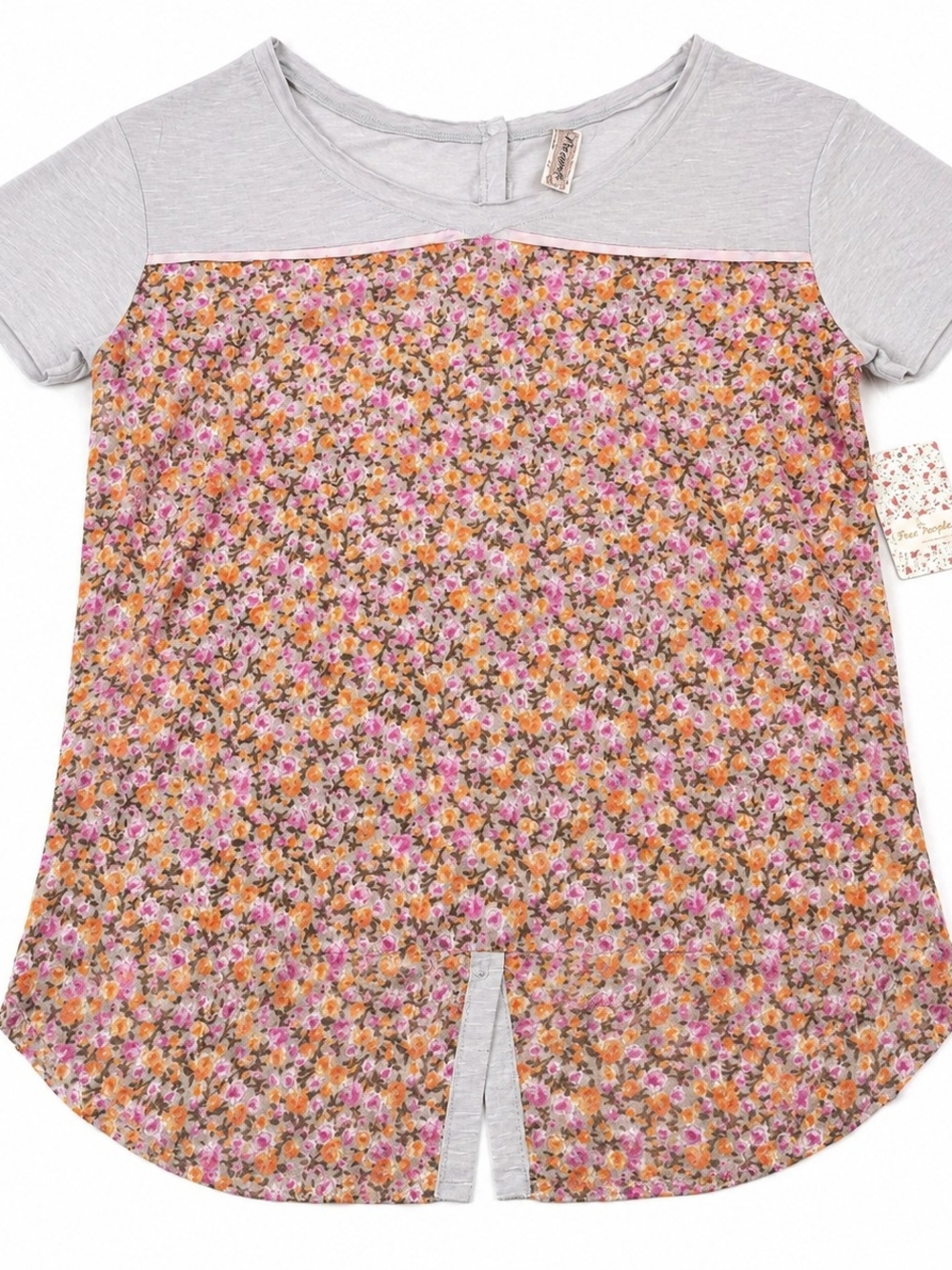 Free People Gray Top with Pink and Orange Floral Panel